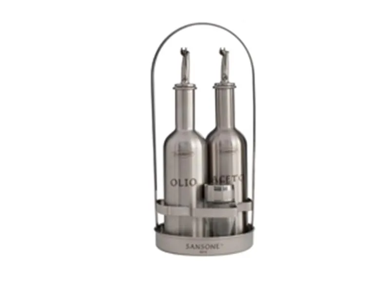 Stand olio e aceto per bottiglie tonde in acciaio inox
